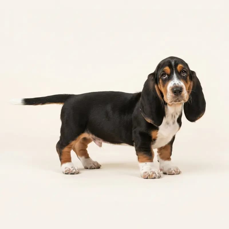 Basset Hound Welpe in Trefarvet