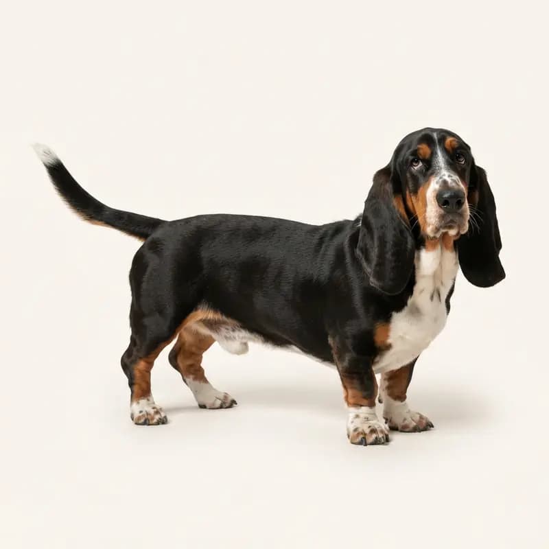 Voksen Basset Hound i Trefarvet