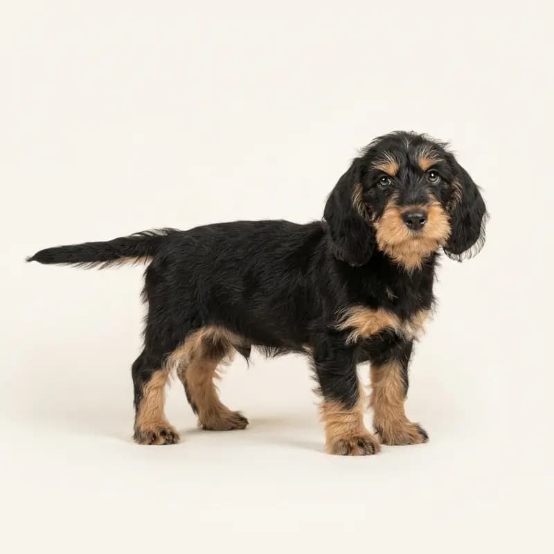 Petit Basset Griffon Vendéen Welpe in Zwart met tan