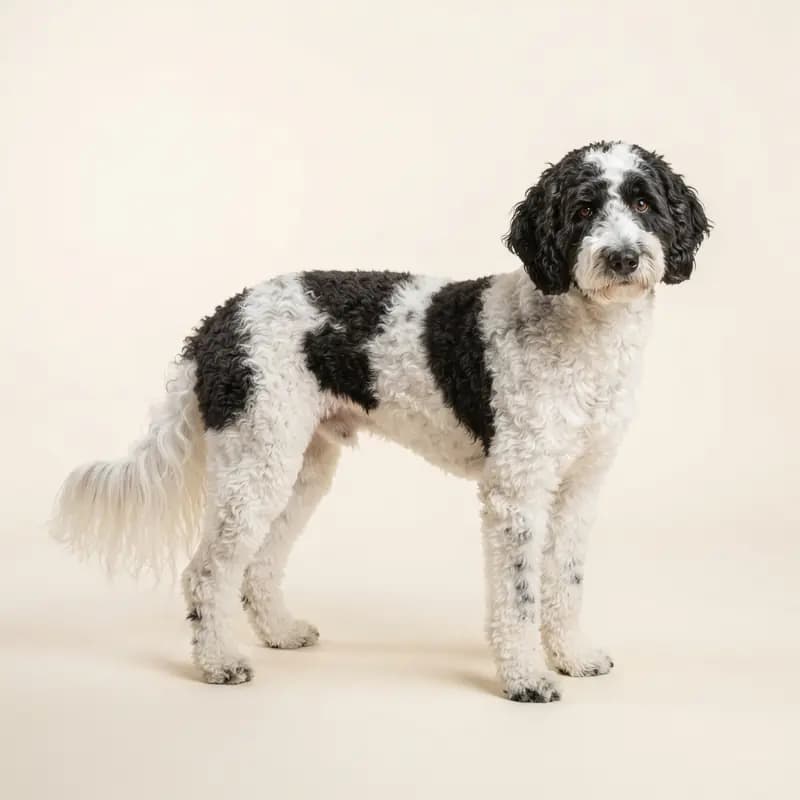 Alacalı renginde yetişkin Labradoodle