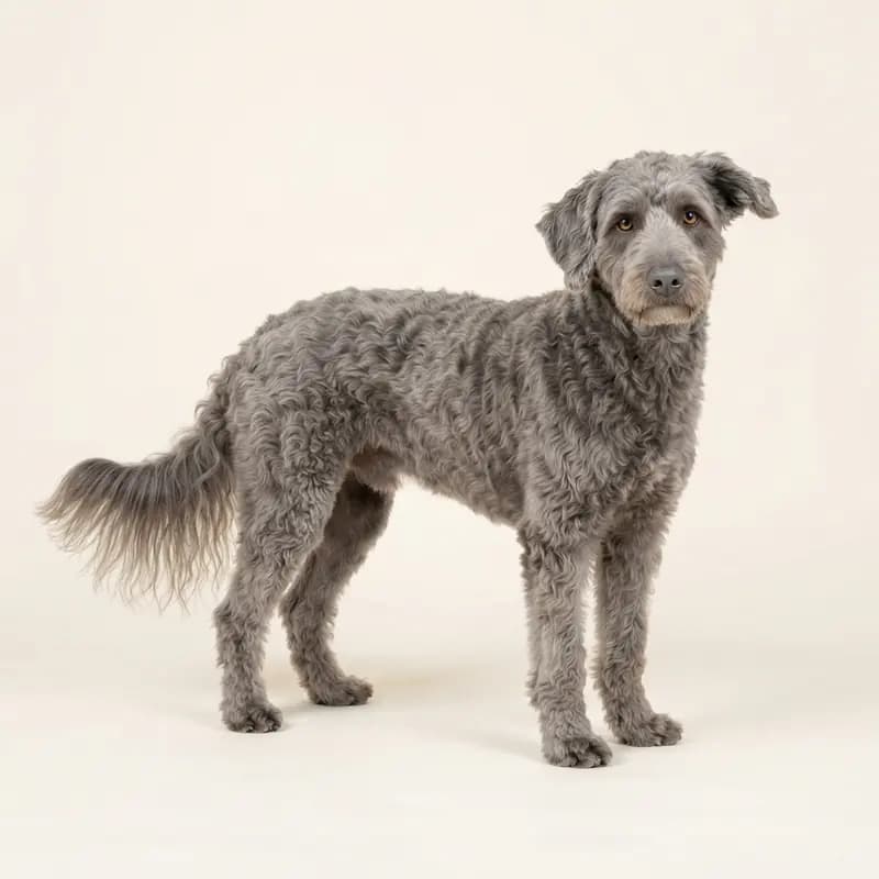Mavi renginde yetişkin Labradoodle