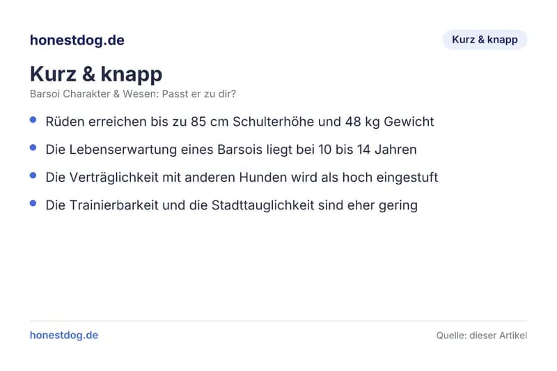 Barsoi Charakter & Wesen: Passt er zu dir Infografik: Rüden erreichen bis zu 85 cm Schulterhöhe und 48 kg Gewicht
