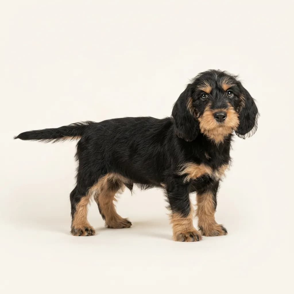Petit Basset Griffon Vendeen in Schwarz mit Loh — Fellfarbe und Aussehen
