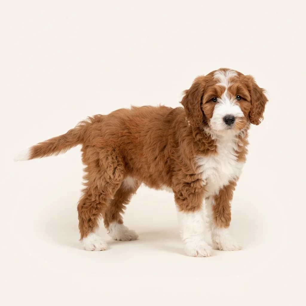 Bernedoodle (Bernersennenhund x Pudel) in Rot-Weiß — Fellfarbe und Aussehen