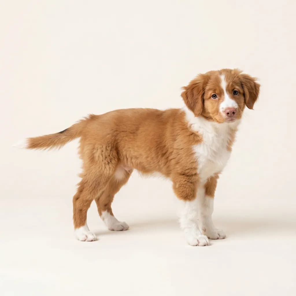 Tollerdoodle (Nova scotia Duck Tolling Retriever x Pudel) in Rot-Weiß — Fellfarbe und Aussehen