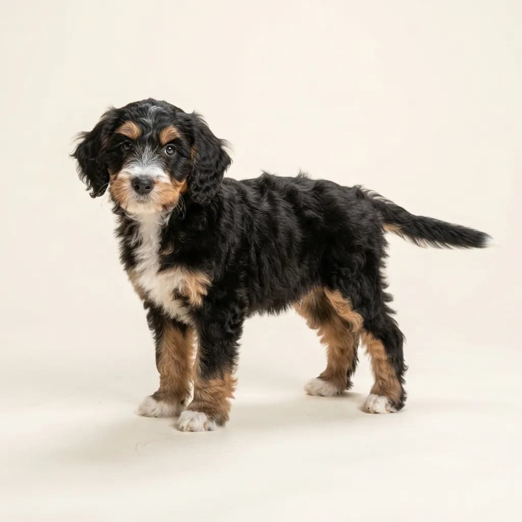 Aussiedoodle (Australian Shepherd x Pudel) in Dreifarbig (Tricolor) — Fellfarbe und Aussehen