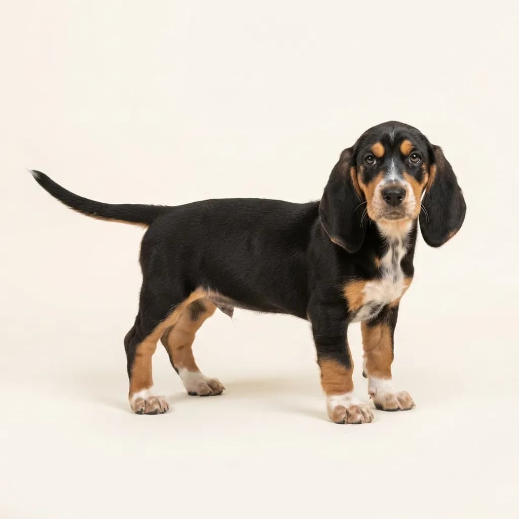 Basset bleu de Gascogne in Dreifarbig (Tricolor) — Fellfarbe und Aussehen