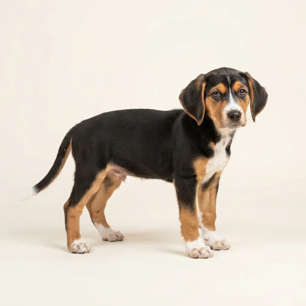 Finnischer Laufhund (Suomenajokoira) in Dreifarbig (Tricolor) — Fellfarbe und Aussehen