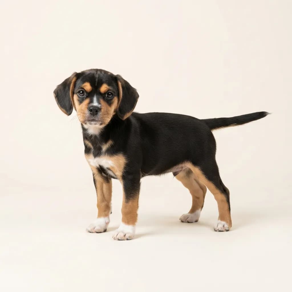 Puggle in Dreifarbig (Tricolor) — Fellfarbe und Aussehen