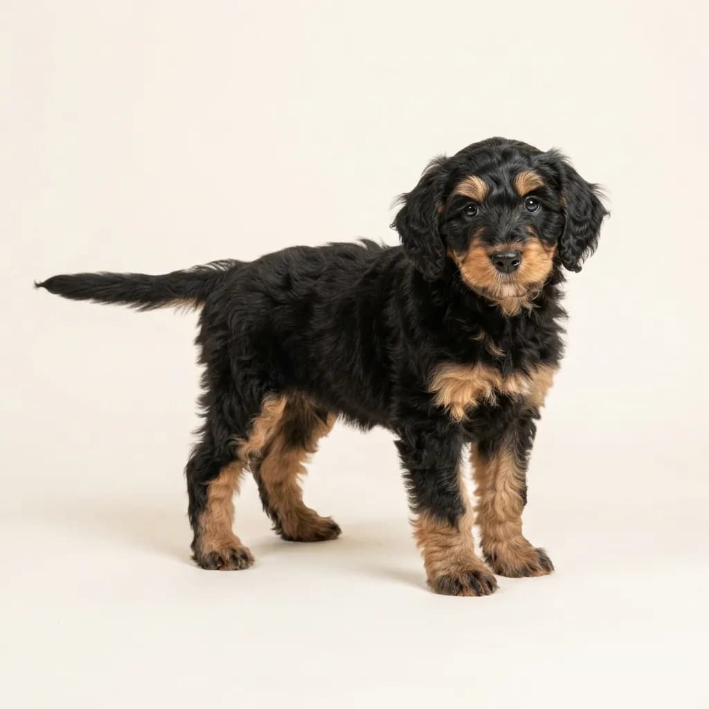 Bernedoodle (Bernersennenhund x Pudel) in Schwarz mit Loh — Fellfarbe und Aussehen