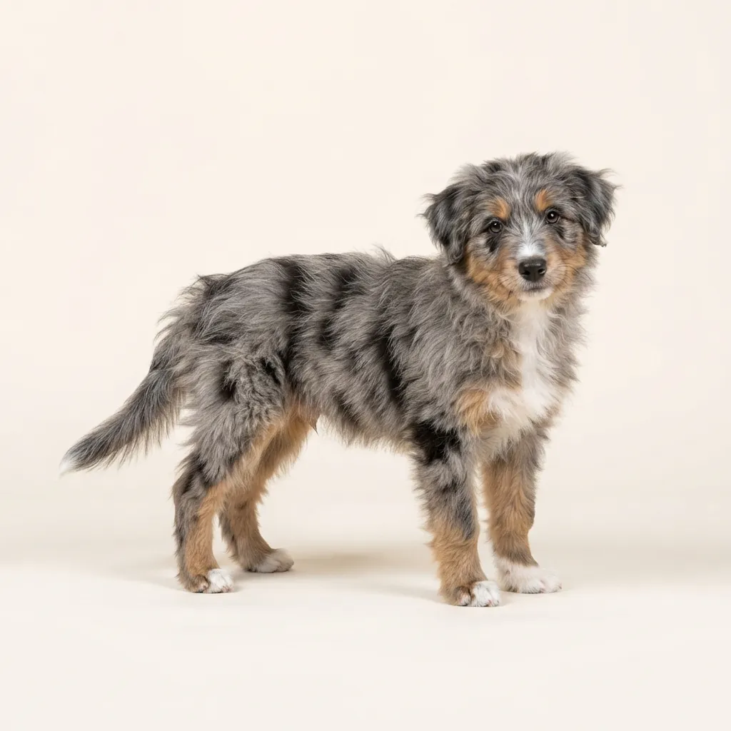 Blue merle Pyrenean Shepherd (Longhair) — coat colour and appearance