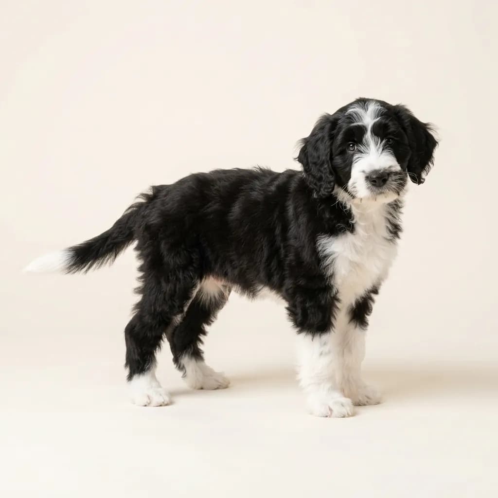 Bernedoodle (Bernersennenhund x Pudel) in Schwarz-Weiß — Fellfarbe und Aussehen