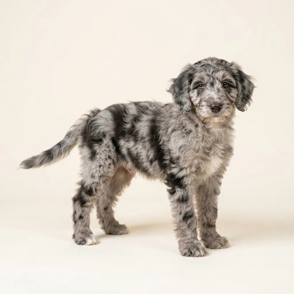 Labradoodle (Labrador x Pudel) in Merle (Tiger) — Fellfarbe und Aussehen