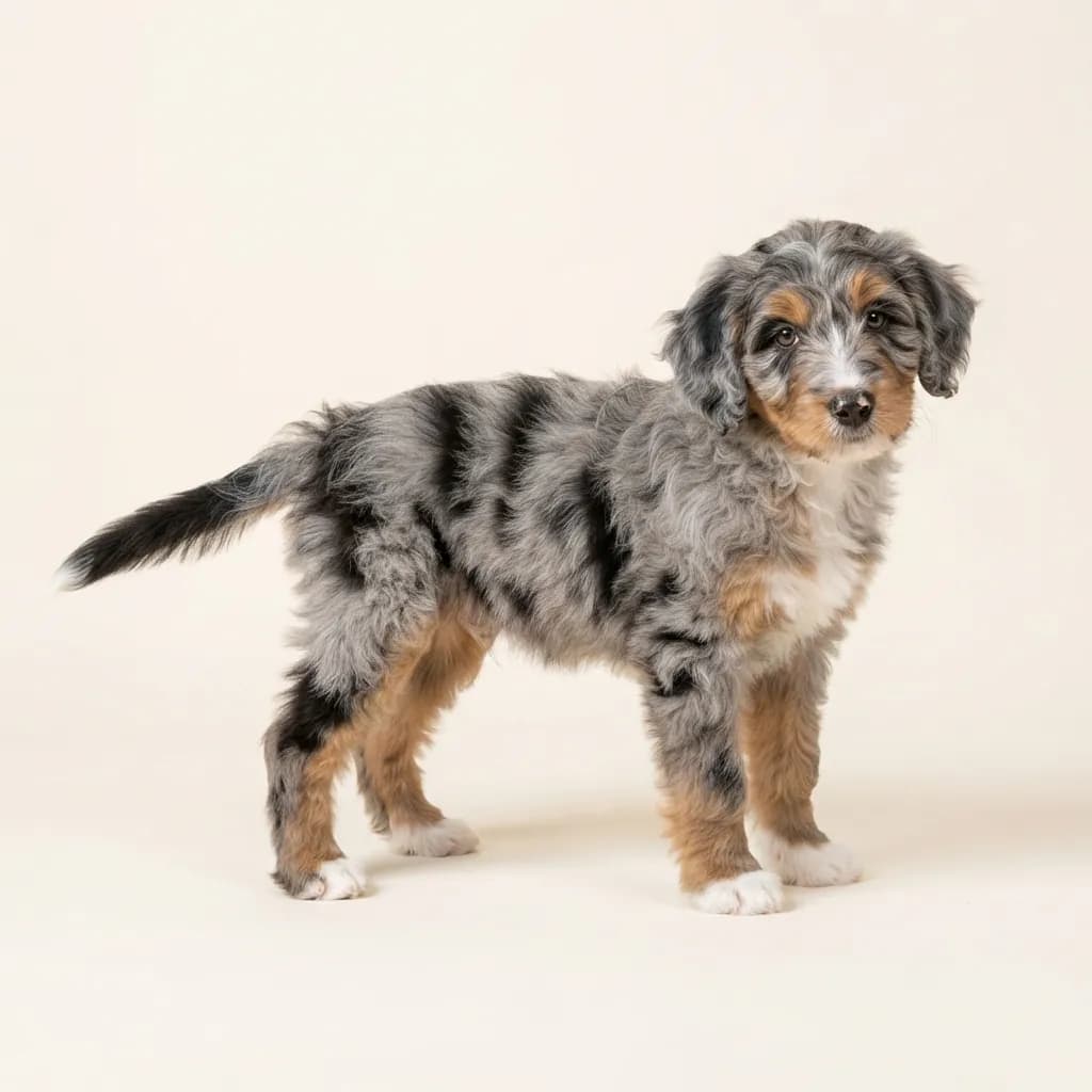 Aussiedoodle (Australian Shepherd x Pudel) in Blue Merle — Fellfarbe und Aussehen
