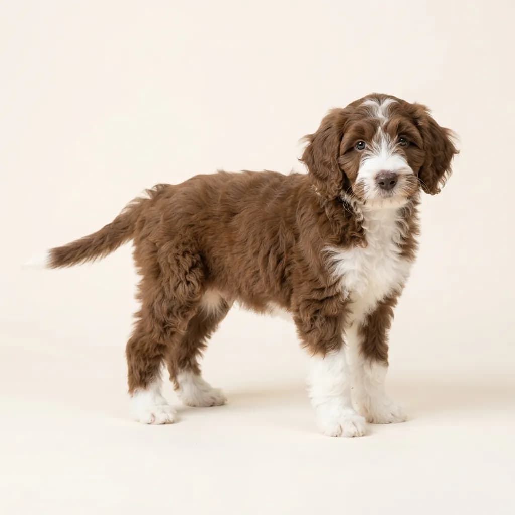 Bernedoodle (Bernersennenhund x Pudel) in Braun-Weiß — Fellfarbe und Aussehen