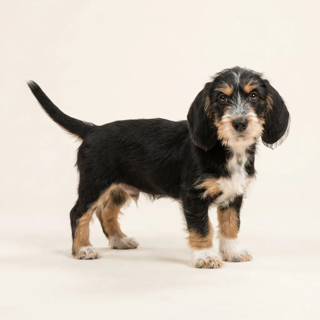 Petit Basset Griffon Vendeen in Dreifarbig (Tricolor) — Fellfarbe und Aussehen