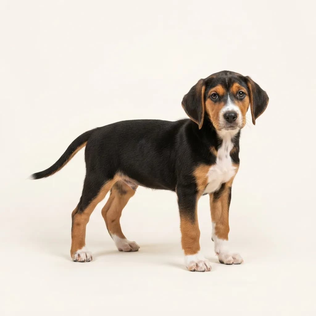 English Foxhound in Dreifarbig (Tricolor) — Fellfarbe und Aussehen