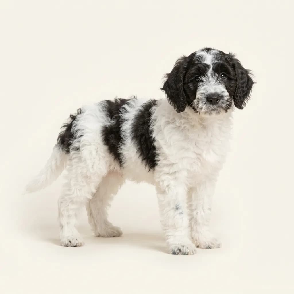 Labradoodle (Labrador x Pudel) in Gescheckt — Fellfarbe und Aussehen