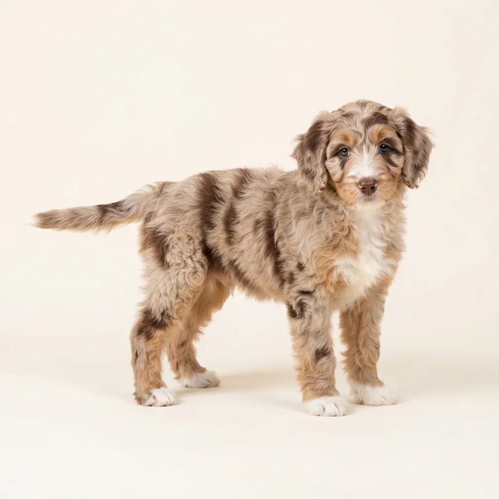 Aussiedoodle (Australian Shepherd x Pudel) in Red Merle — Fellfarbe und Aussehen