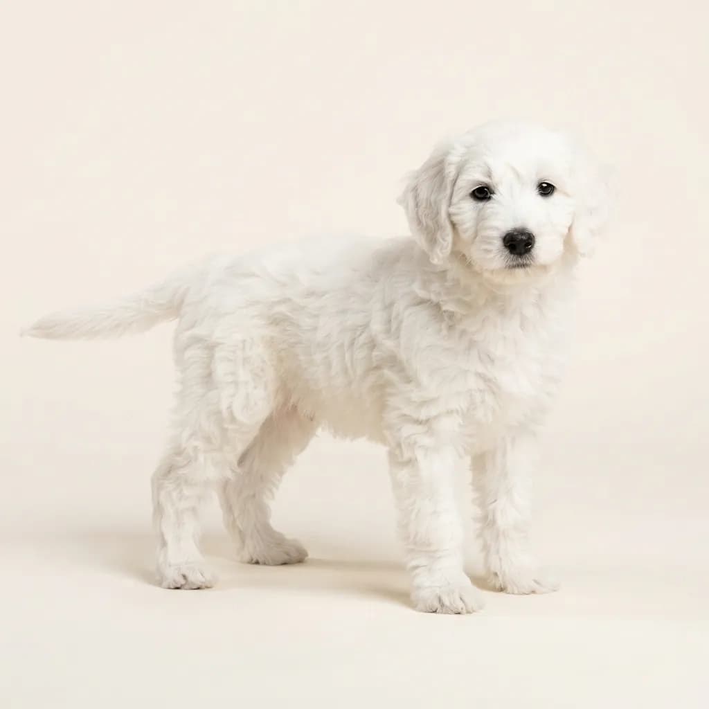 Aussiedoodle (Australian Shepherd x Pudel) in Weiß — Fellfarbe und Aussehen