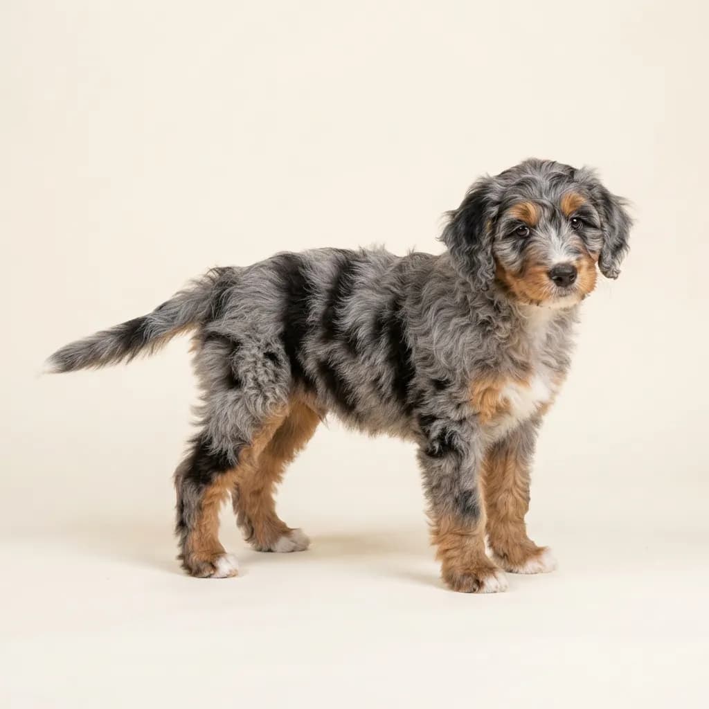 Bernedoodle (Bernersennenhund x Pudel) in Blue Merle — Fellfarbe und Aussehen